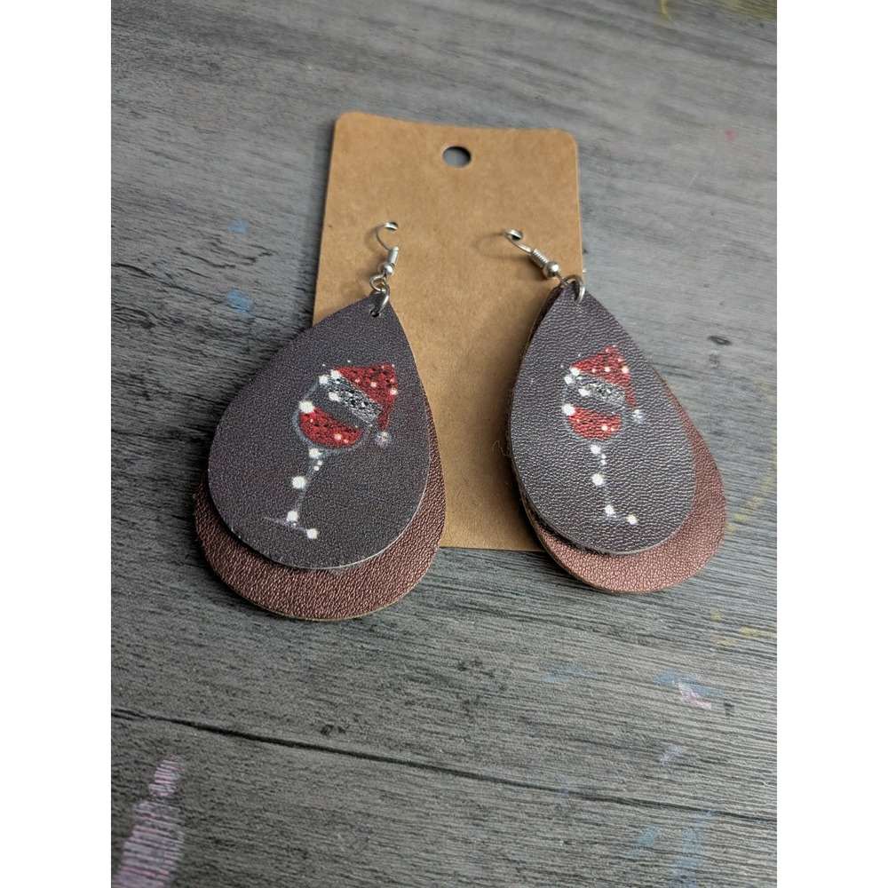 Christmas Wine Glass Santa Hat Faux Leather Teardrop Dangle Earrings Rose Gold